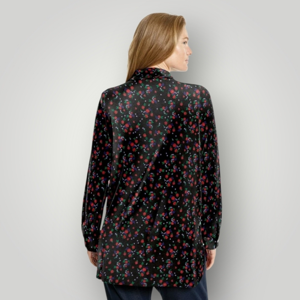 Woman Within Plus 26/28 2X Black Velvet Floral Button Down Tunic Top Long Sleeve